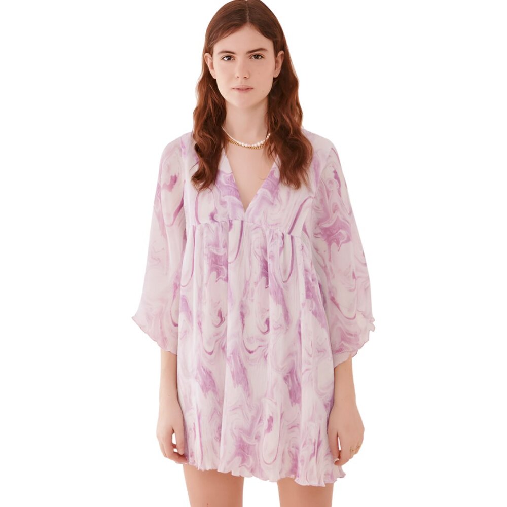 Ganni Pleated Georgette Mini Swing Dress Purple & White Size Small/Medium